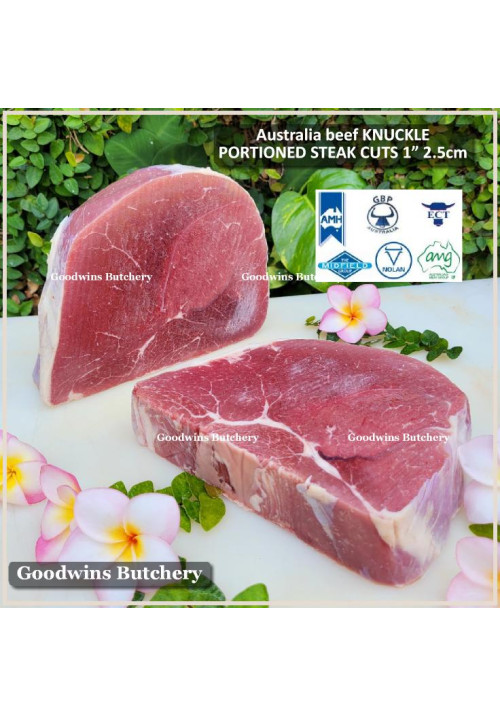 Beef KNUCKLE frozen daging paha rendang Australia PORTIONED STEAK CUTS 2.5cm 1" (price/pc 700g)